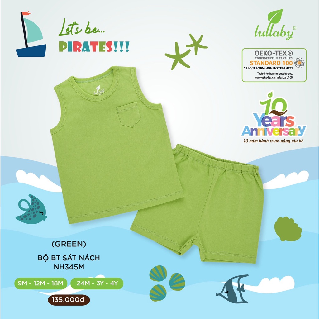 Bộ cộc tay ba lỗ bé trai, gái vải thở Pointelle mềm mới Lullaby cao cấp in họa tiết cho bé trai bé gái NH02B NH345M