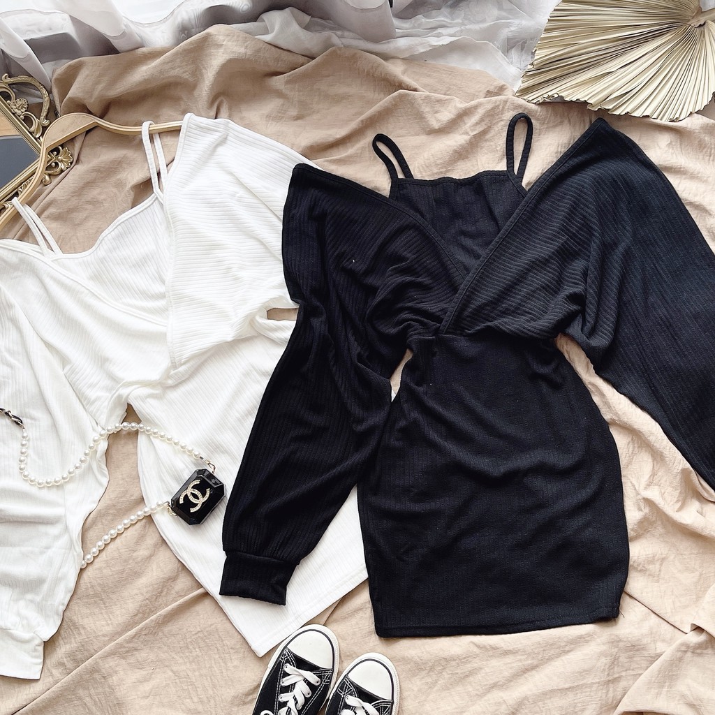 ĐẦM CỔ V KÈM ÁO LÓT TRẮNG - ĐEN