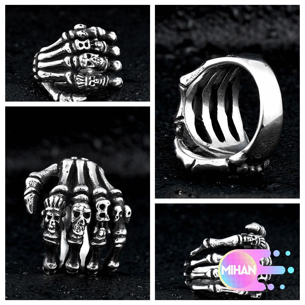 Nhẫn thép không gỉ phối hình xương bàn tay phong cách punk gothic cho nam
