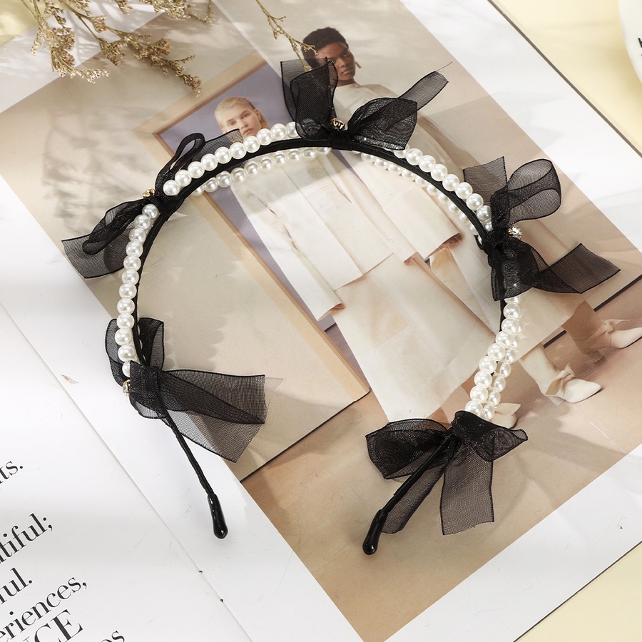 Korean Mesh Bow Beaded Headband Girls Sweet Crystal Hair Band Hair Accessories