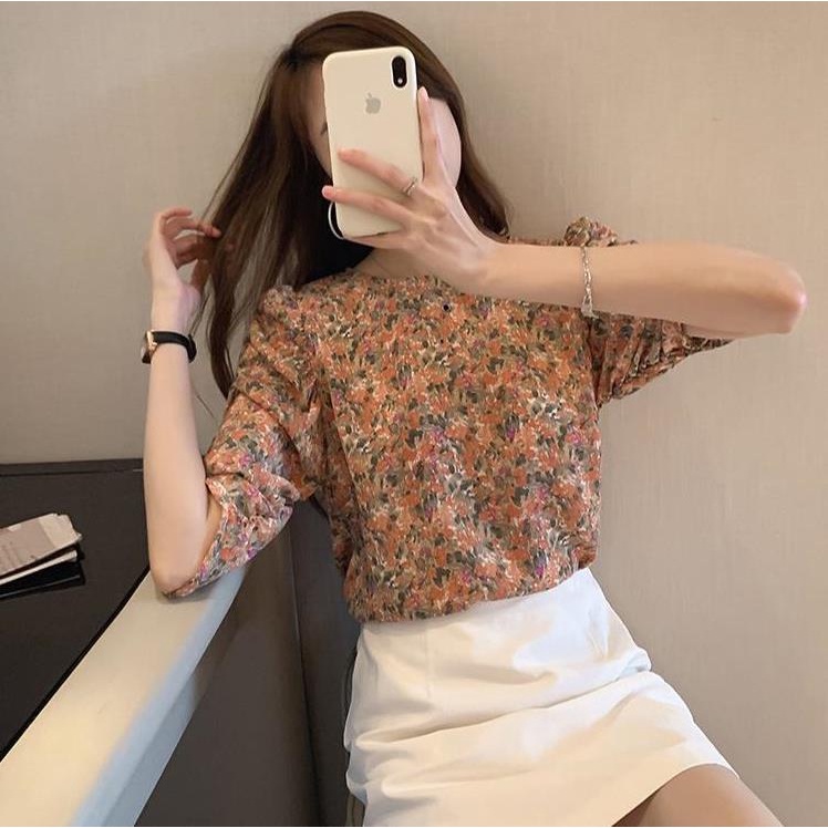 Áo kiểu nữ Hàn Quốc hoa nhí cổ tròn suông tay lỡ A67