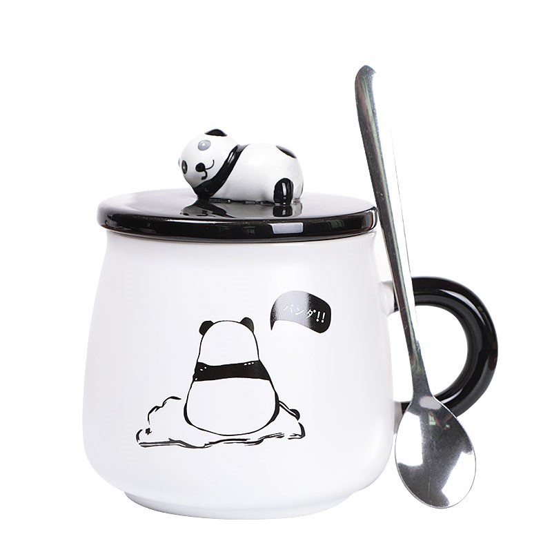 LY CỐC SỨ CẶP ĐÔI CÓ NẮP HÌNH GẤU PANDA CỰC NGỖ NGHĨNH 400ML KÈM THÌA XINH XẮN