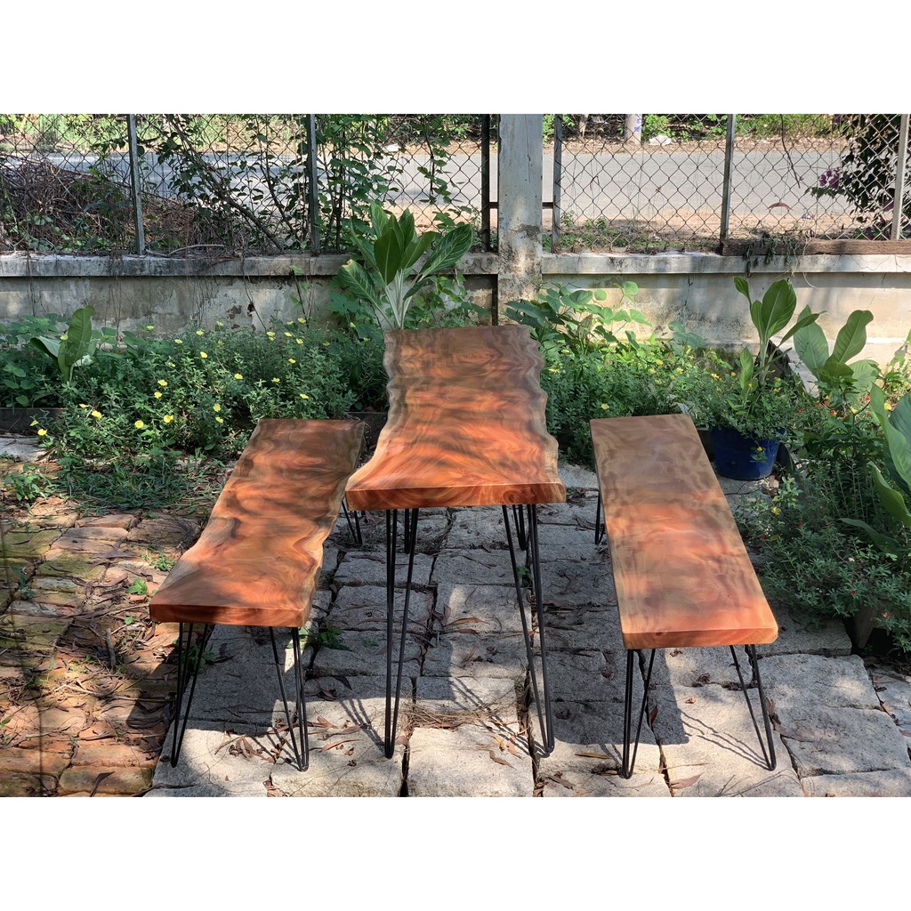 Bộ 1 bàn 2 ghế dài 1m49 -1m60 gỗ xà cừ tự nhiên nguyên tấm