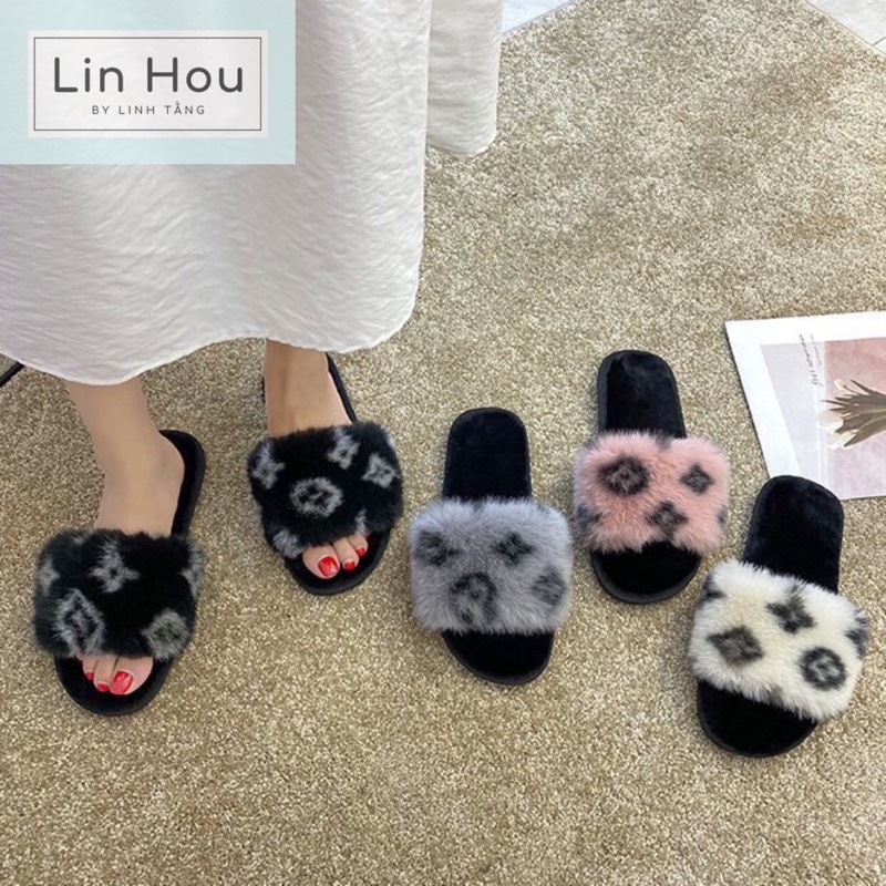 [Sale sốc] Dép lông quai ngang LV cao cấp, dép lông nữ quai ngang lông xù, Lin Hou LV fluffy sandals fluffy slippers