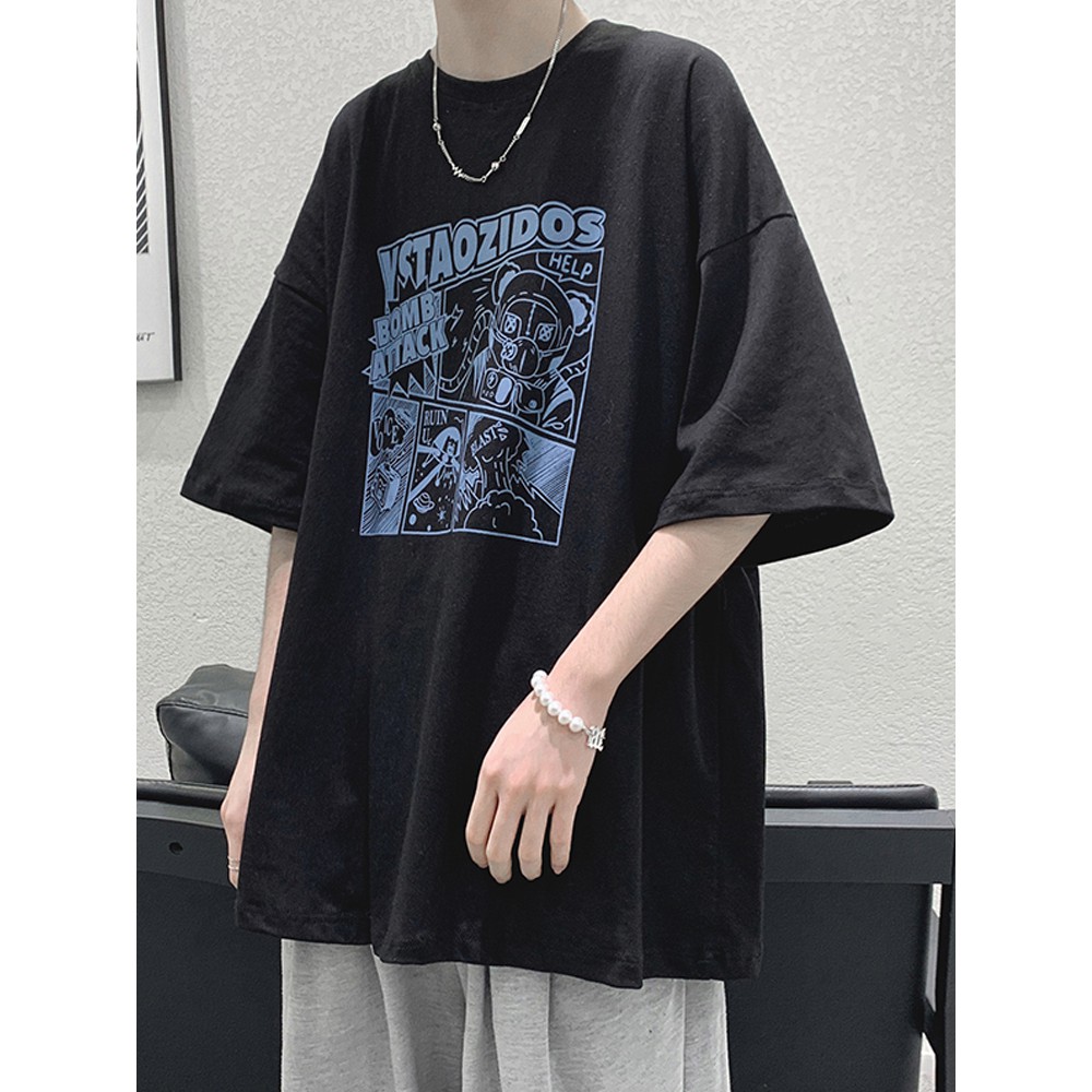 Áo Thun Ngắn Tay Dáng Rộng In Hoạt Hình Kiểu Hàn Quốc Cho Nam Size S-8Xl