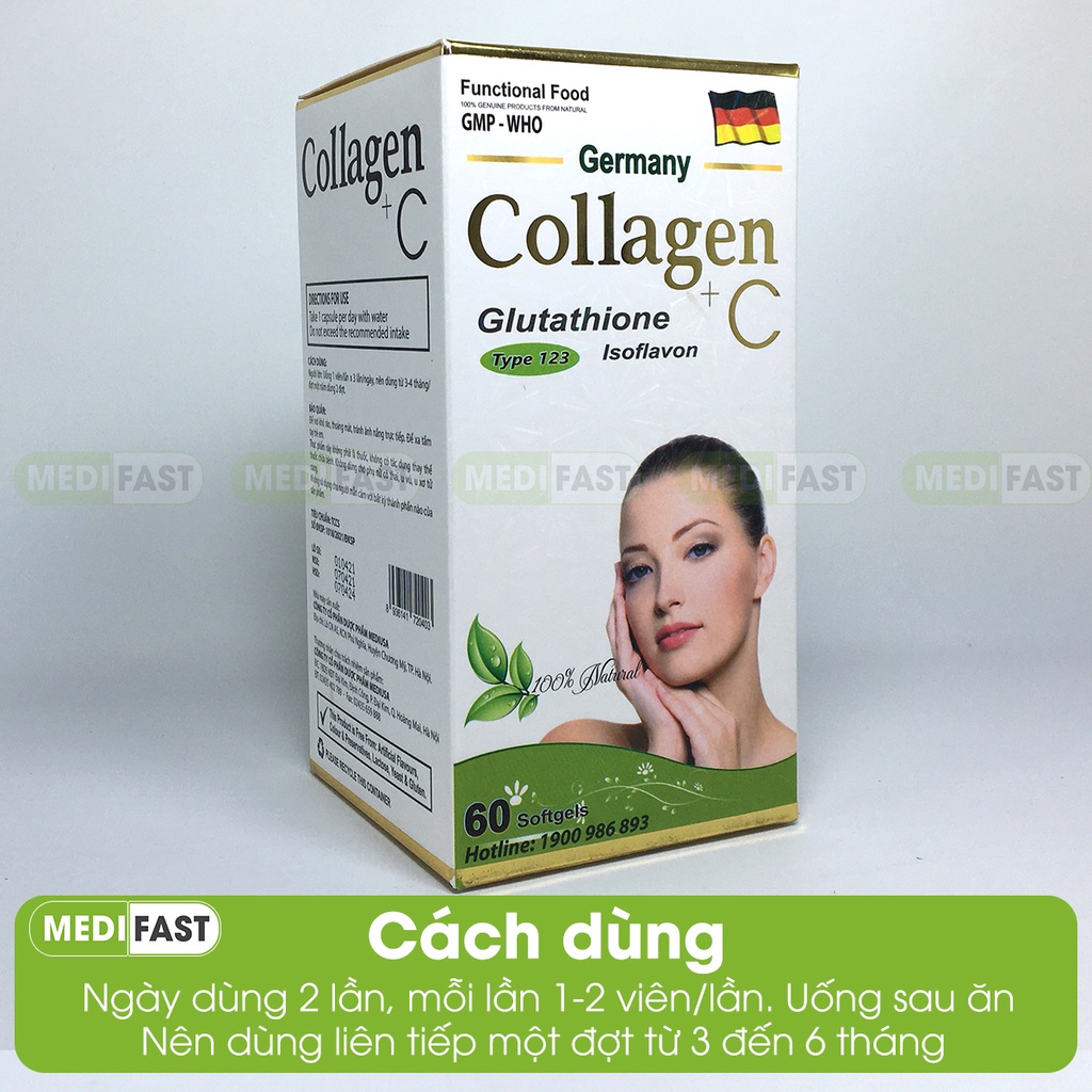 Collagen +C hộp 60 viên có thêm vitamin C, E, mầm đậu nành và glutathion Bổ sung nội tiết tố từ Collagen thủy phân