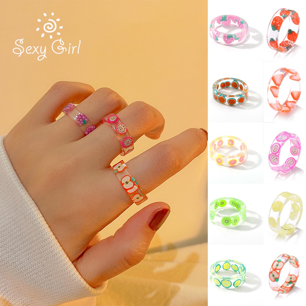 Nhẫn acrylic resin thiết kế thủ công họa tiết trái cây thời trang Hàn Quốc