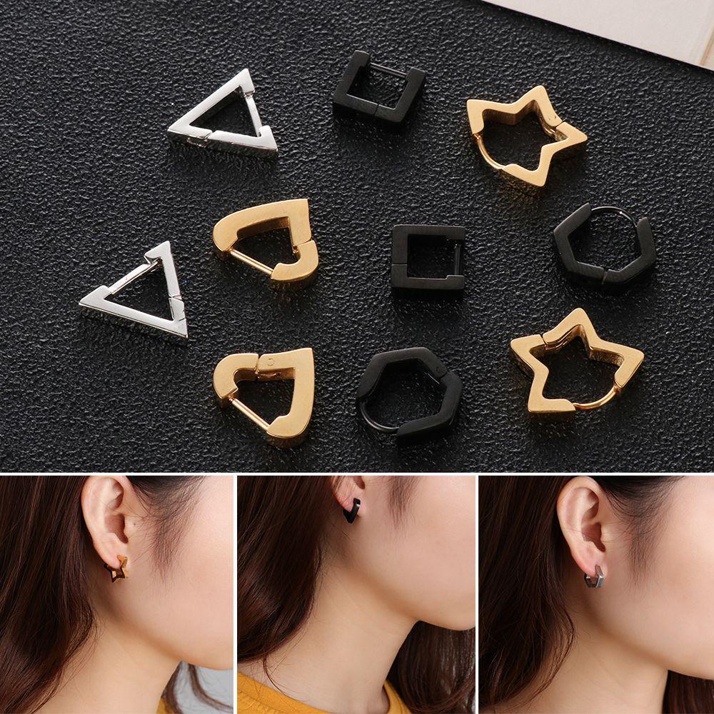 Khuyên Tai Tròn Đơn Giản Bằng Thép Không Gỉ OKDEALS|Khuyên Tai Hình Đa Giác Màu Đen