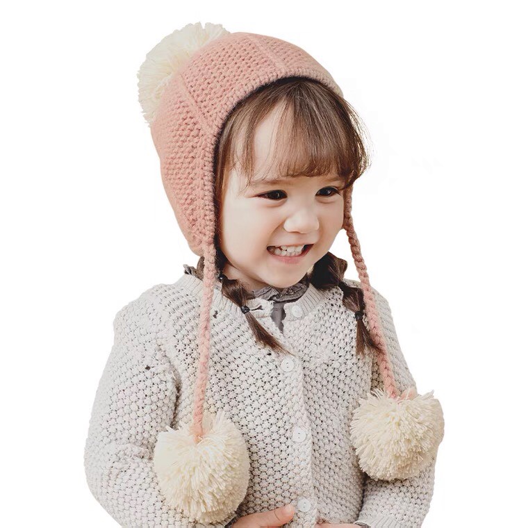 Mũ len cho bé - Mũ len có dây buộc gắn quả bông dễ thương vải mềm cho bé trai bé gái từ 1-6 tuổi mẫu mới nhất ML01