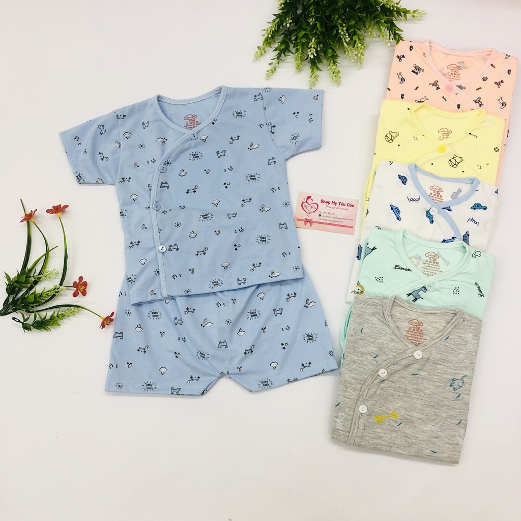 Bộ Quần Áo Sơ Sinh Unchi/ Leeleekid Cộc Tay Cotton Cài Cúc Chéo In Họa Tiết