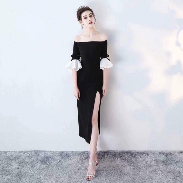đầm body tiểu thư trễ vai tay bèo xẻ tà siêu xinh ( kèm ảnh thật)