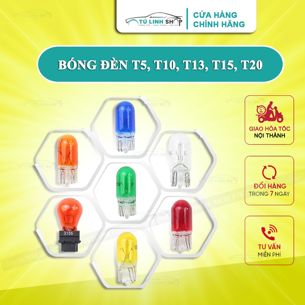 Bóng đèn T5, T10, T13, T15, T20 lắp cho bảng điều khiển ô tô, xe máy 12v. 24v nhiều màu