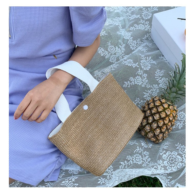 Túi Cói Đi Biển Boho Vintage Đeo Vai, Đeo Chéo Hình Vuông Chữ Nhật Dây Da Màu Trắng Đen