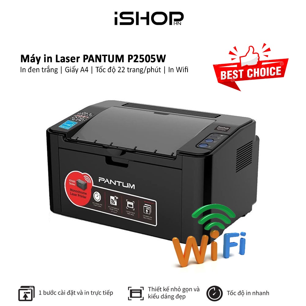 Máy in Laser PANTUM P2505W, in qua mạng Wifi, đen trắng, khổ giấy A4, tốc độ 22 trang/phút