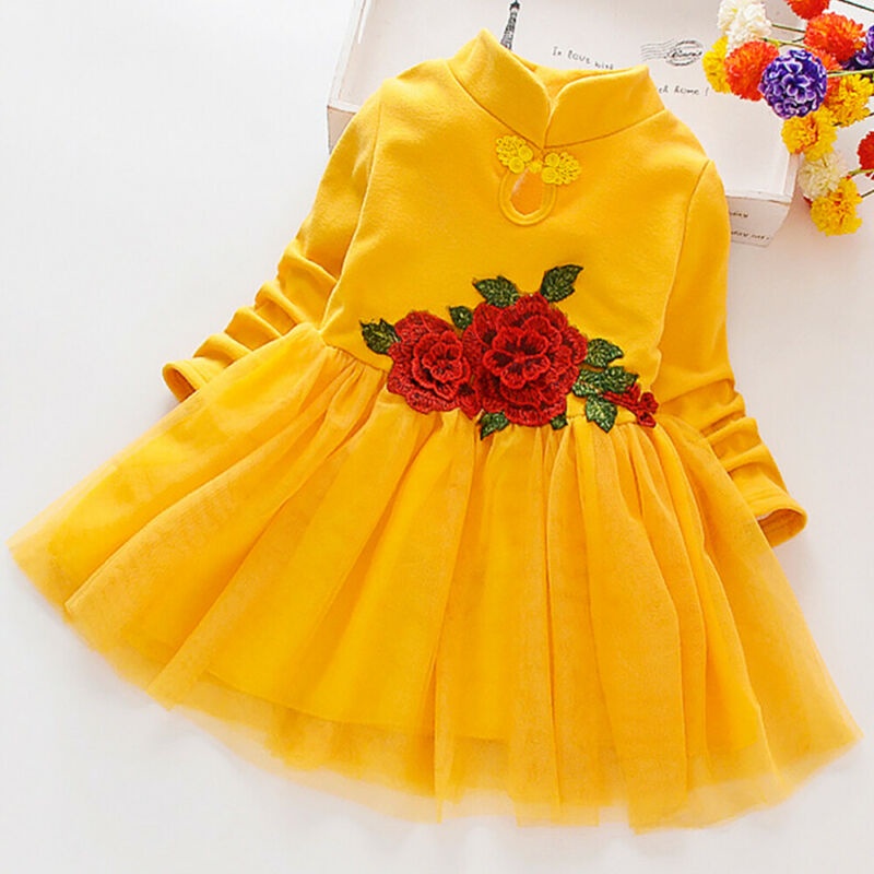 Đầm Xòe Công Chúa Tay Dài In Hoa Thời Trang Năm Mới Cho Bé Gái 2-9 Tuổi