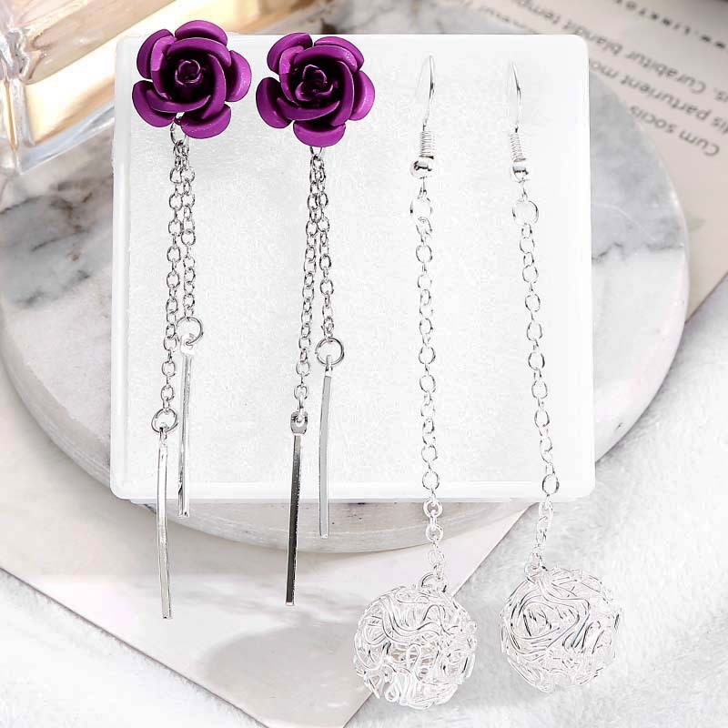 Bộ Hai Đôi Khuyên Tai Dáng Dài Đính Đá Phong Cách Hàn Quốc Cho Nữ