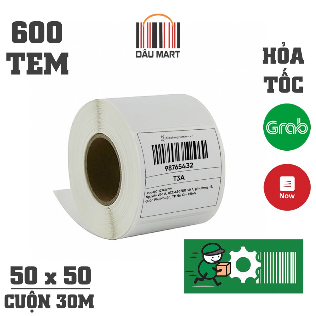Cuộn 600 tem nhiệt 50x50mm dài 30m dùng in tem vận chuyển giao hàng tiết kiệm GHTK và các loại tem nhãn khác size 5x5cm