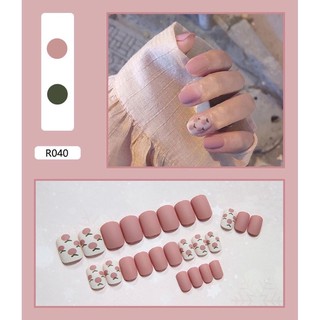 Set 24 móng tay giả họa tiết 3D cao cấp kèm keo dán hồng nhám hình cherry 040