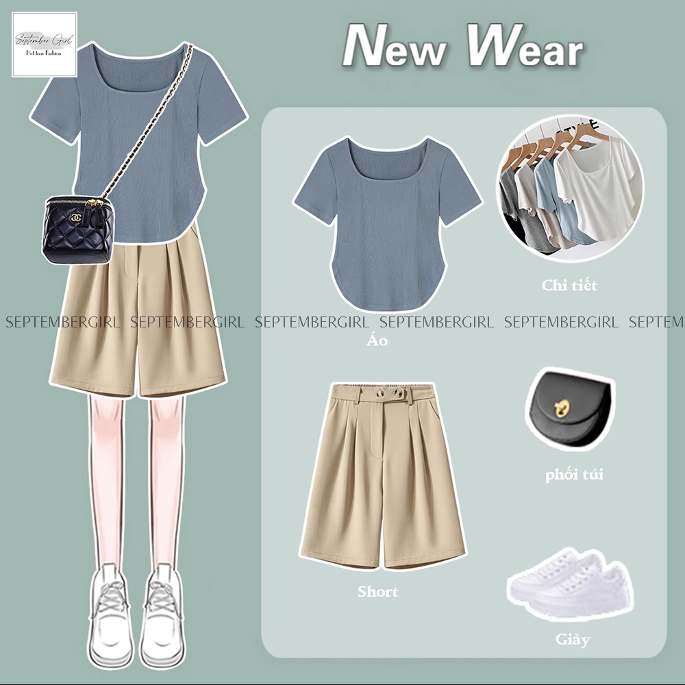 ComBo Set Quần Short Đùi Kết Hợp Áo Thun CropGHEP TOP Cổ Vuông Dáng Basic SEPTEMBERGIRL - GHEP TOP 004 + SHORT 001