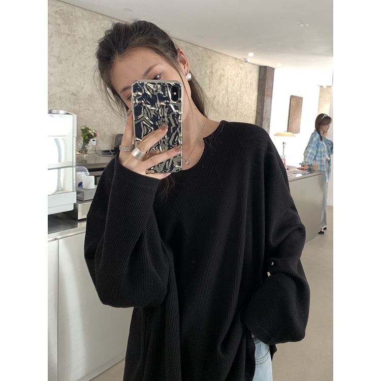 SUA002 Áo thun không cổ khoét tay dài thu đông đen trắng ghi nam nữ Hàn Quốc Áo phông unisex form rộng Ulzzang đẹp hot