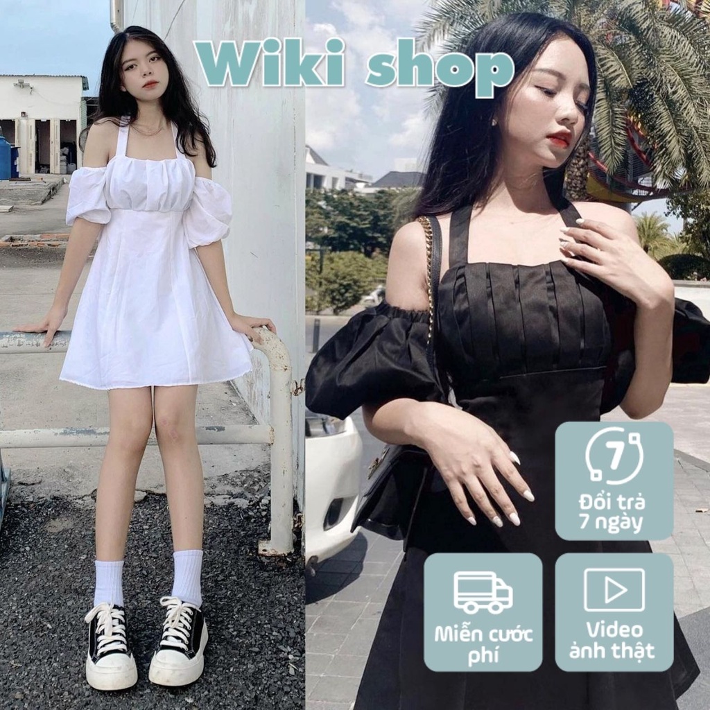 Váy đầm nữ cổ yếm buộc dây trễ hở vai màu đen trắng Wikishop dáng chữ A xòe ngắn mini freesize sexy hàn quốc C923