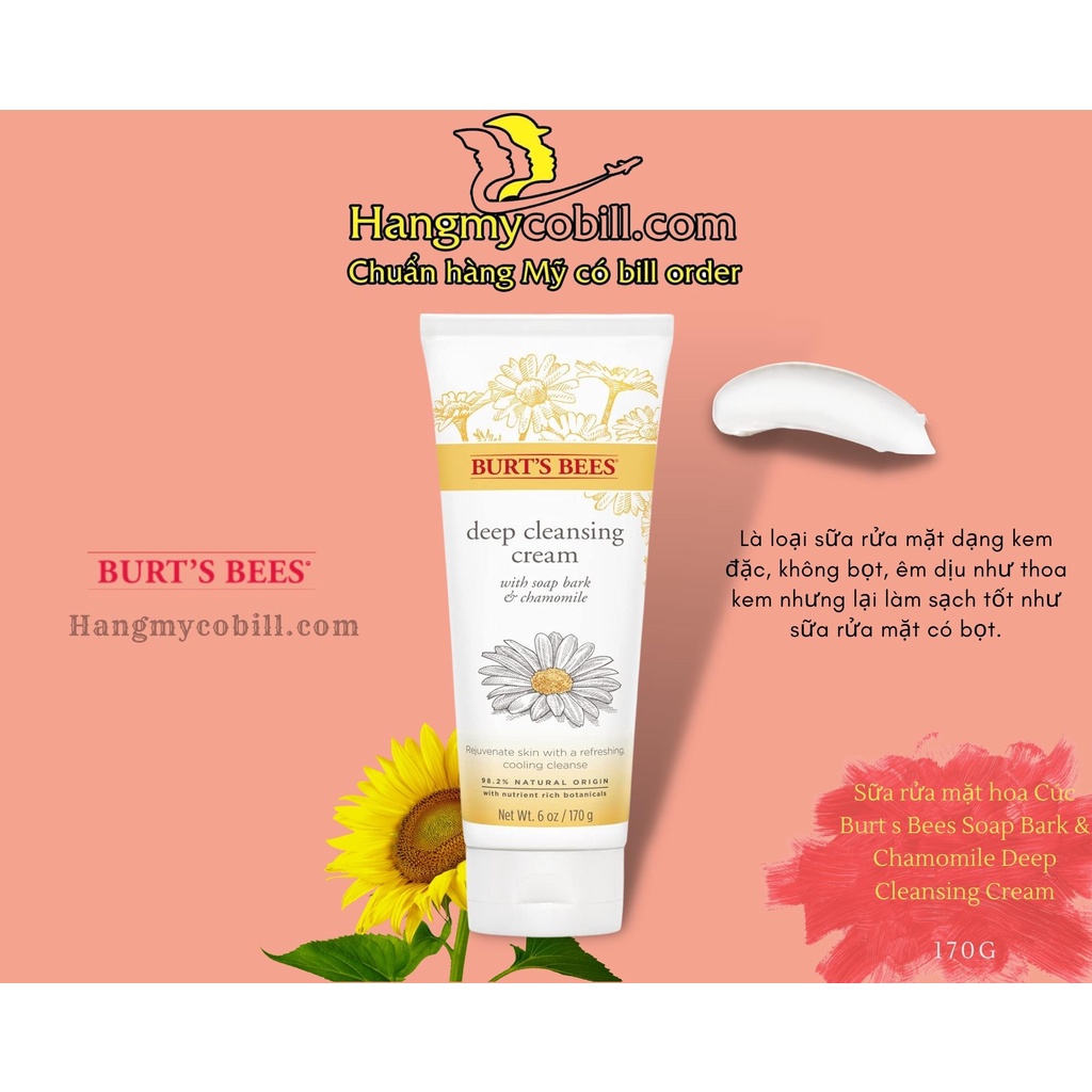 (có bill nhập)Sữa rửa mặt hoa Cúc Burt’s Bees Soap Bark & Chamomile Deep Cleansing Cream 170g