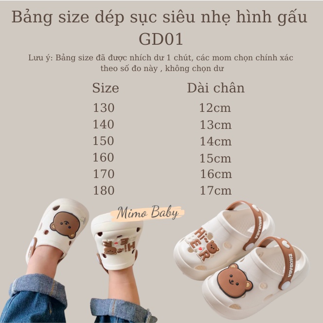 Dép sục siêu nhẹ hình gấu nâu dễ thương cho bé GD01 Mimo Baby