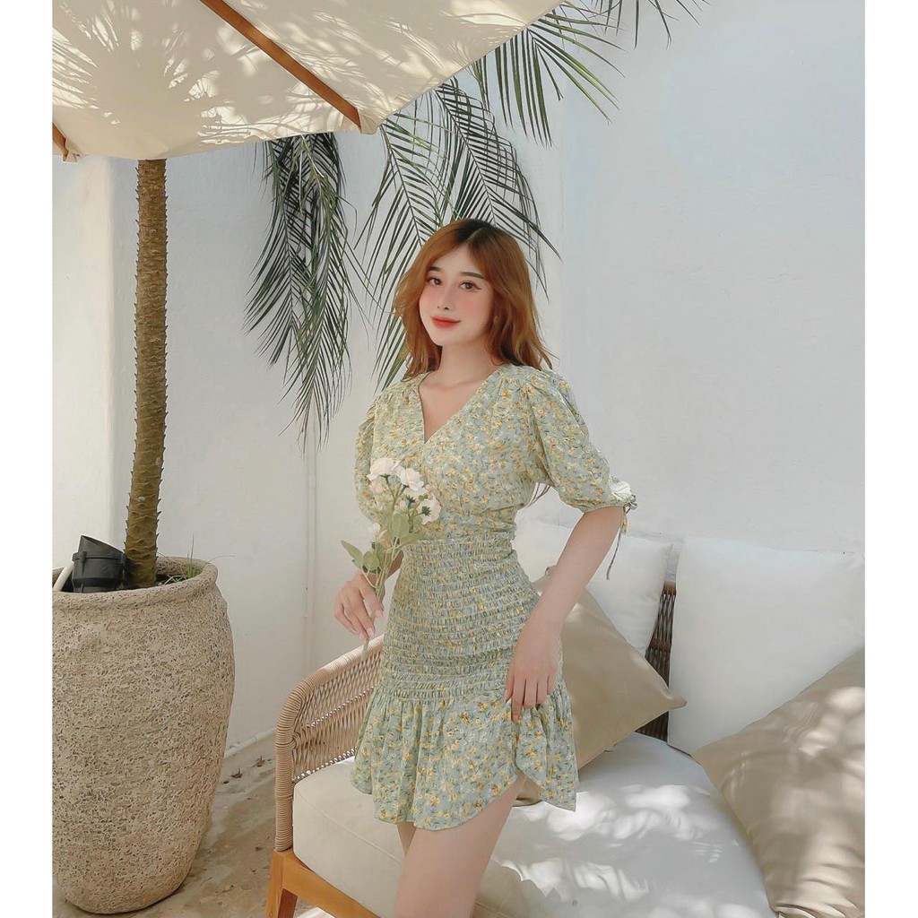Đầm Hoa Nhún Eo Tôn Dáng Đi Biển Màu Xanh