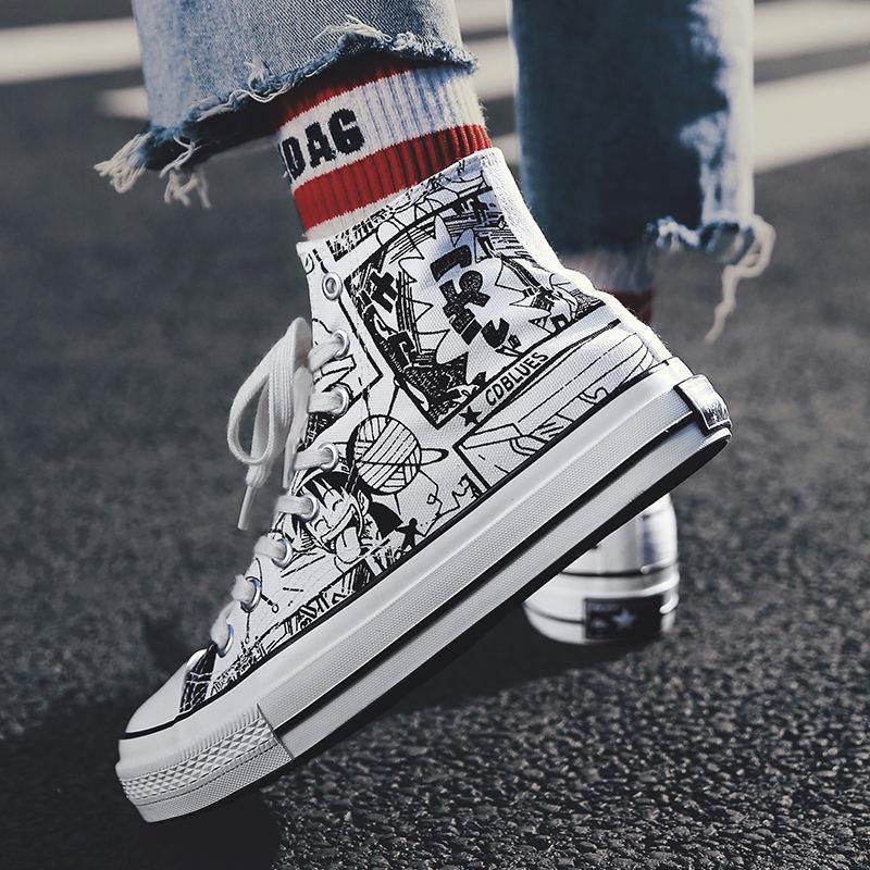 Giày Vải canvas Cổ Cao Thoáng Khí Đế Bằng In Họa Tiết Hoạt Hình Phong Cách Hàn Quốc Chống Mòn Thời Trang Cho Nam