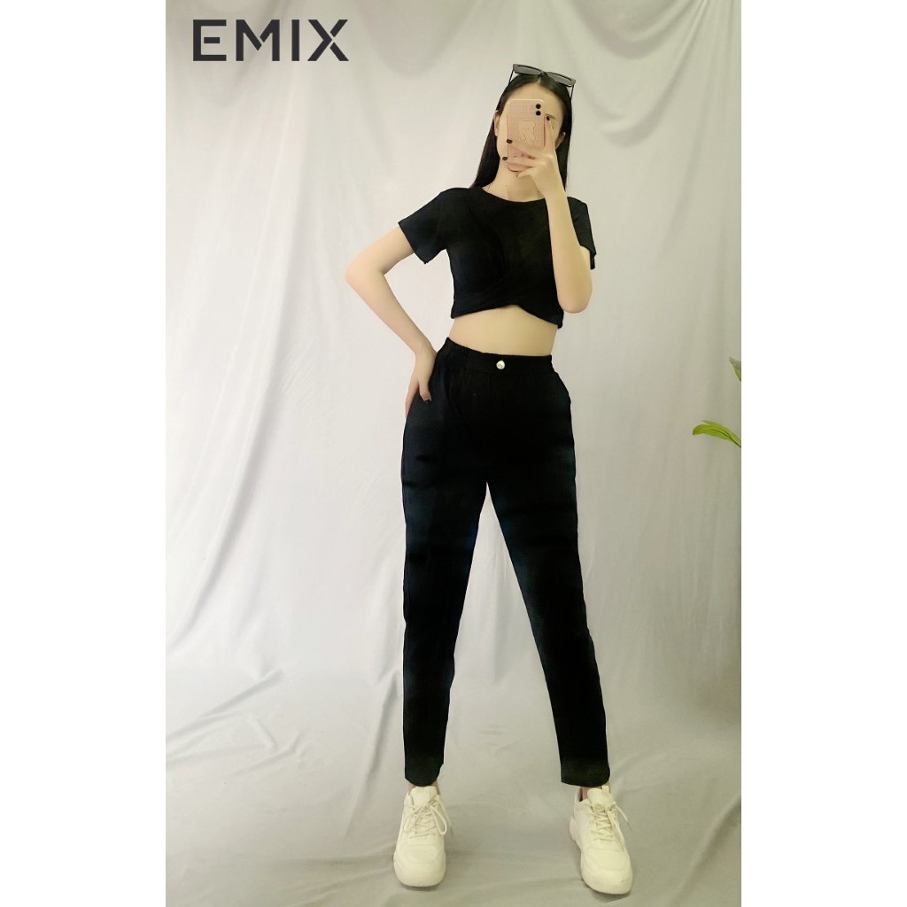 Quần dài nữ baggy EMIX (3 màu), dáng dài, lưng thun, cạp vừa, vải kaki jean, mềm mại, dày dặn, có co giãn, loại đẹp