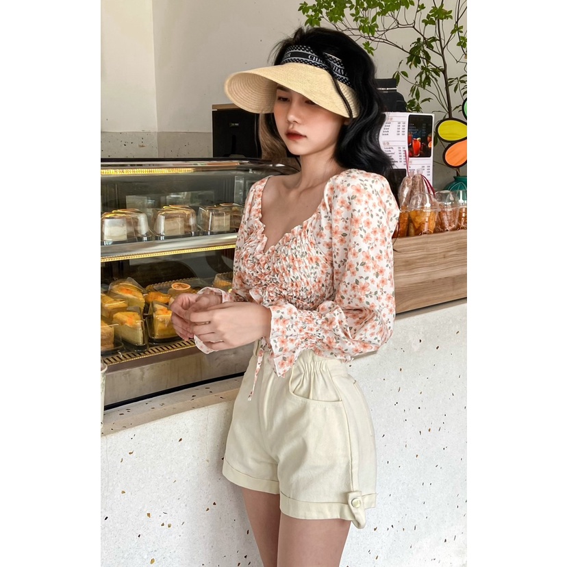 Áo croptop hoa rút dây giữa dài tay phồng A502099