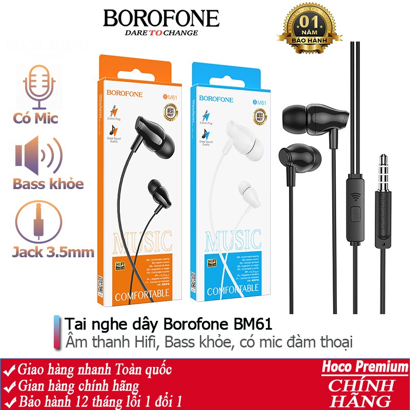 Tai nghe nhét tai Borofone BM61 nghe hay, có mic đàm thoại, dây dài 1.2m, Jack cắm 3.5mm