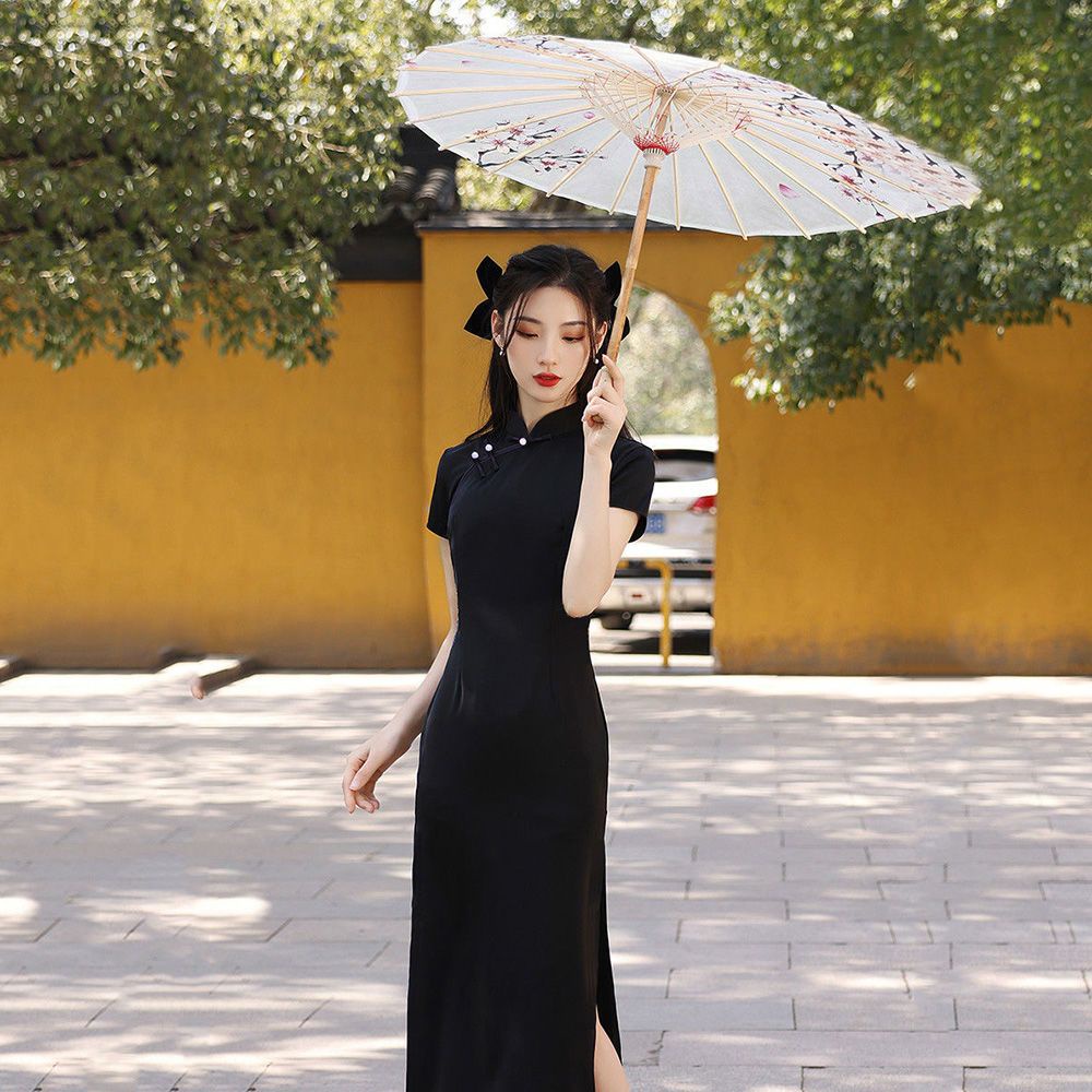 Đầm Sườn Xám Cách Tân Tay Ngắn Màu Đen Phong Cách Retro Thời Trang 2023 Cao Cấp