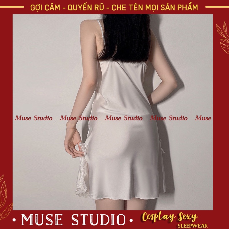 Váy ngủ sexy, đầm ngủ gợi cảm vải phi bóng mềm đẹp xẻ hai bên đùi đính nơ MUSE STUDIO