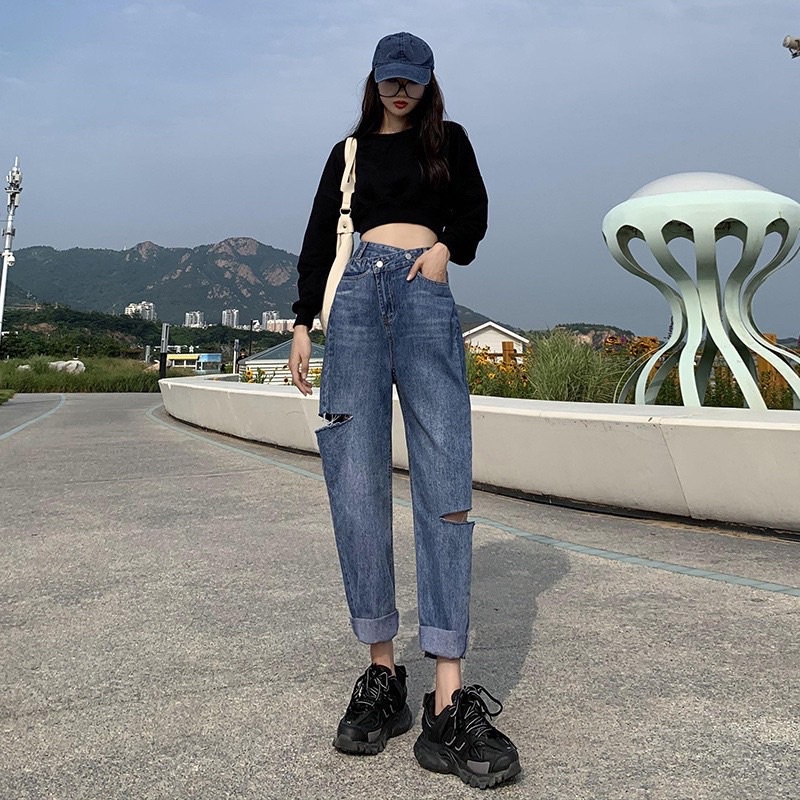 Quần bò baggy cạp chéo rách sườn mẫu mới