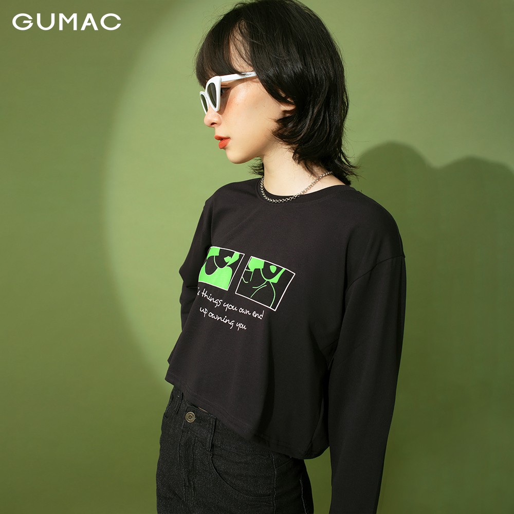 Áo thun croptop nữ in xanh GUMAC màu đen, freesize, phong cách năng động, trẻ trung ATB198 | BigBuy360 - bigbuy360.vn