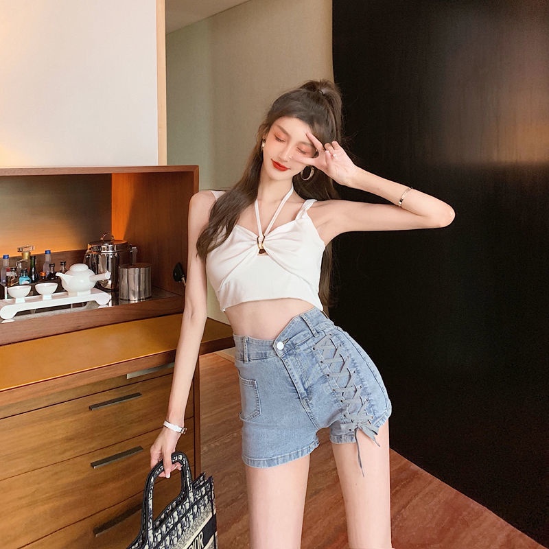 Quần short denim lưng cao cột dây màu sáng phong cách Hàn Quốc thời trang mùa hè quyến rũ cho nữ