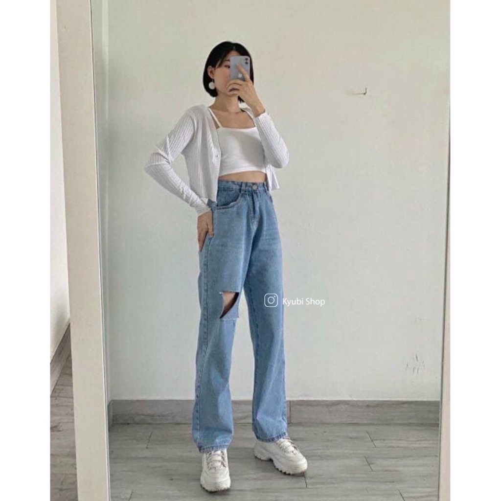 Quần Jean nữ ống suông ulzzang lưng cao rách gối phong cách Retro Hàn Quốc [Có Bigsize] - Quần jean baggy Kyubi BJR201.W
