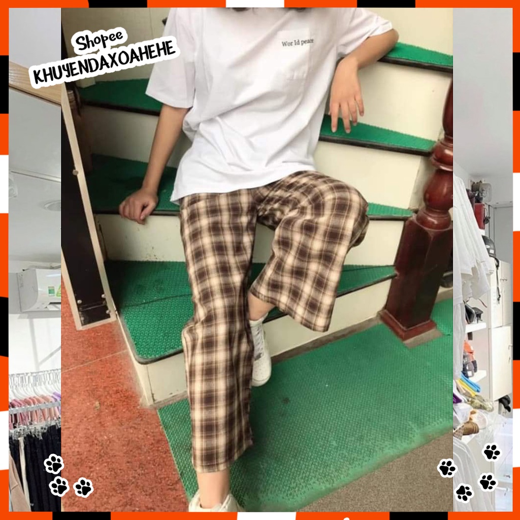 Q002 Quần ống rộng thô đũi caro cạp chun lưng cao cute, quần culottes ống suông dài karo vintage retro unisex Hàn Quốc