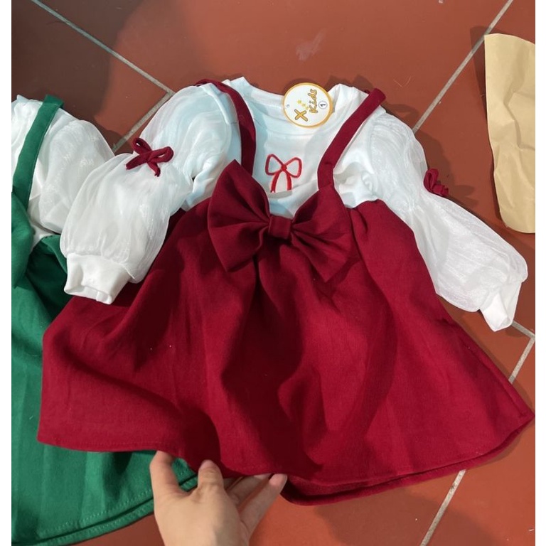 Set Áo Tay Bồng Kèm Váy Nhung Nơ Xinh Bé Gái Chất đẹp