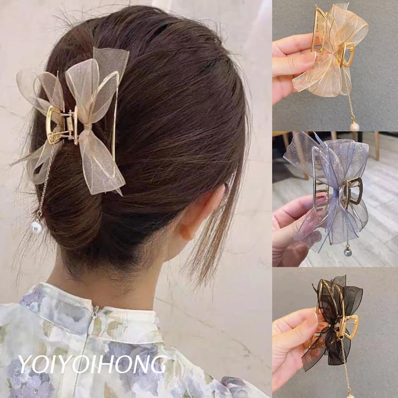 Kẹp Tóc Hình Nơ Bằng Kim Loại Phối Ren Thời Trang