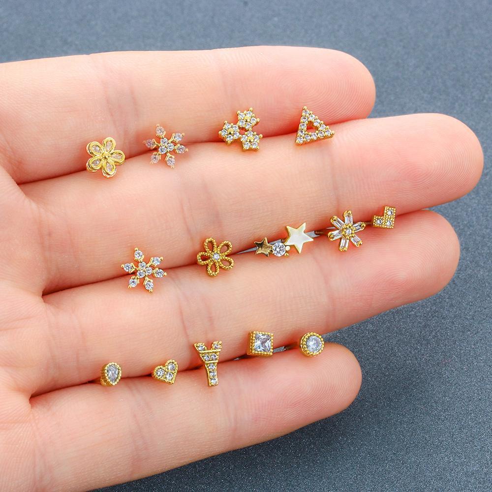 Lay 1 Khuyên Xỏ Sụn Tai|Cz.Nhẫn Thép Không Gỉ Mạ Vàng