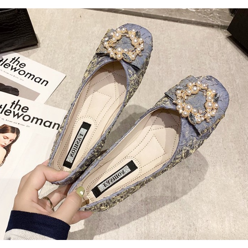 Mã 810 Giầy búp bê nữ da nhăn tag đá ngọc