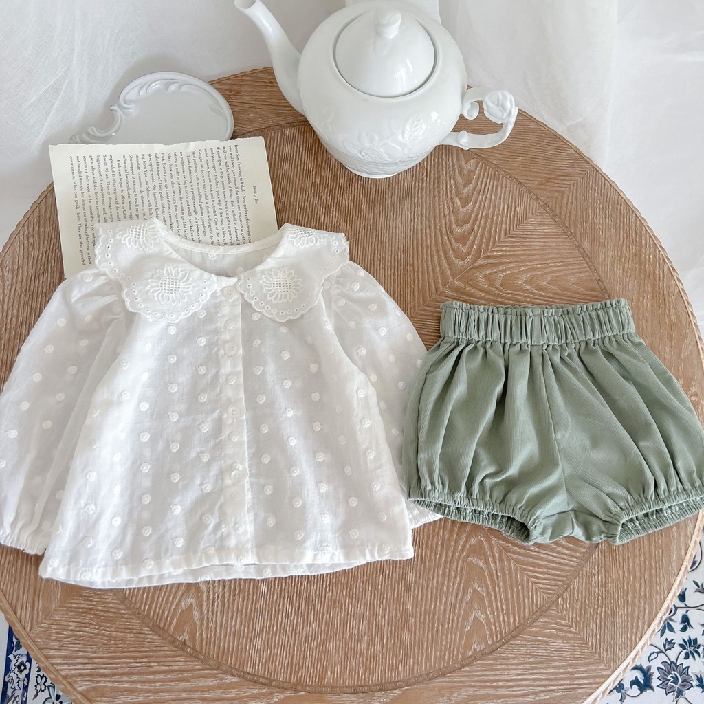 Bộ Áo Sơ Mi Tay Dài + Quần Short Màu Trơn Đơn Giản Thời Trang Cho Bé Gái 2313