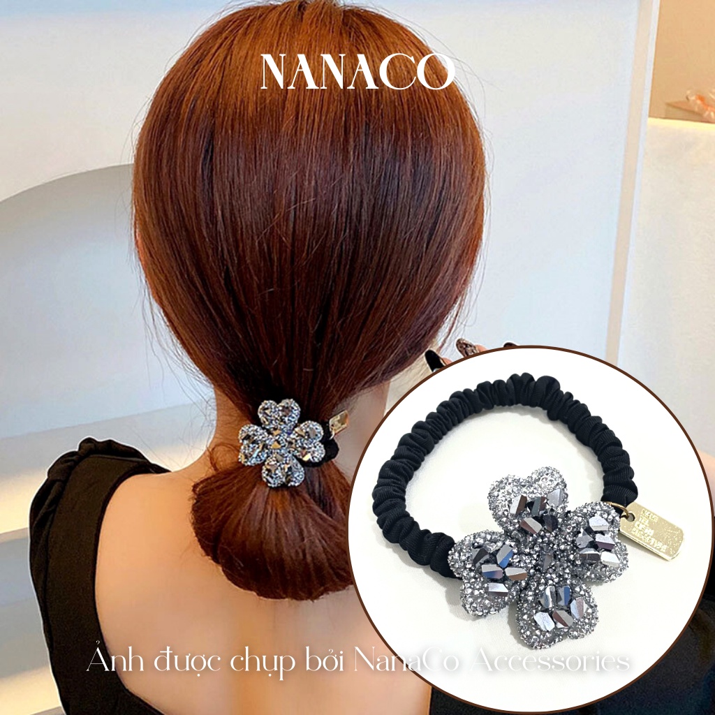 Dây buộc tóc chun hoa 4 cánh Hàn Quốc, đồ cột tóc nữ đính đá ánh 7 màu NanaCo