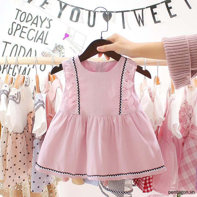 Đầm Không Tay Bằng Cotton Phối Ren Thời Trang Mùa Hè Cho Bé Gái