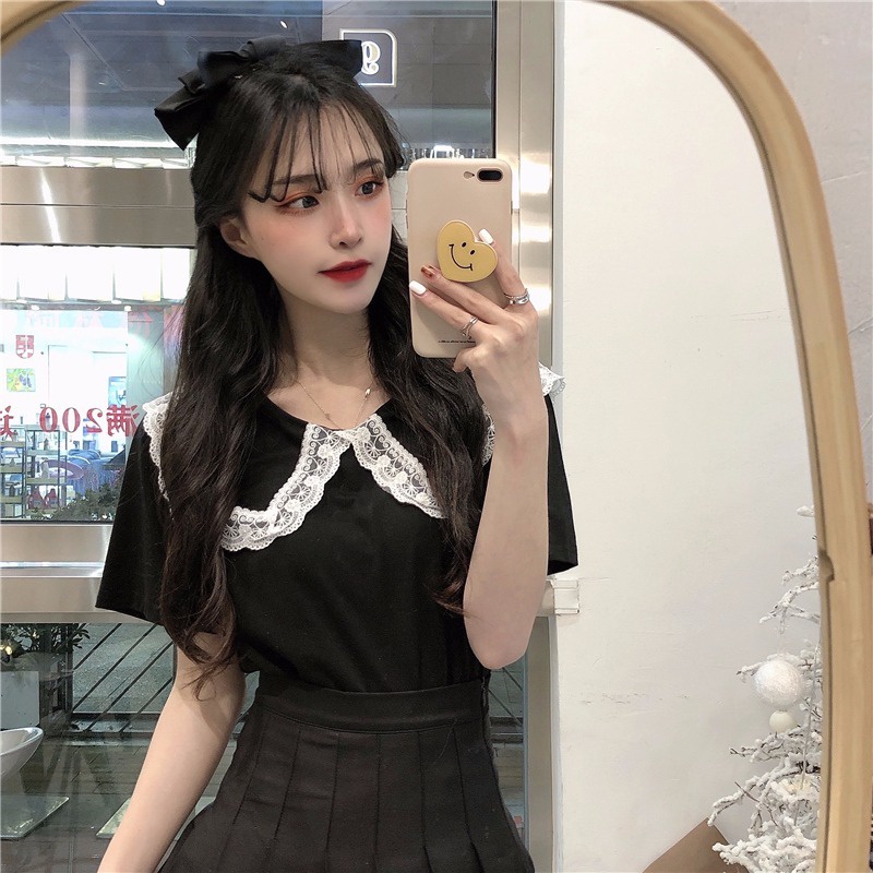 Áo Thun Ngắn Tay Cổ Búp Bê Phối Ren Thiết Kế Mới Thời Trang Mùa Hè Cho Nữ