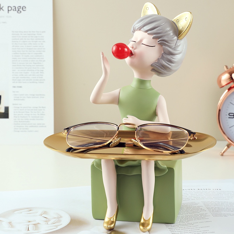 Bubble Girl Statue Jewelry Storage Plate Resin Figurine Desk Decor
