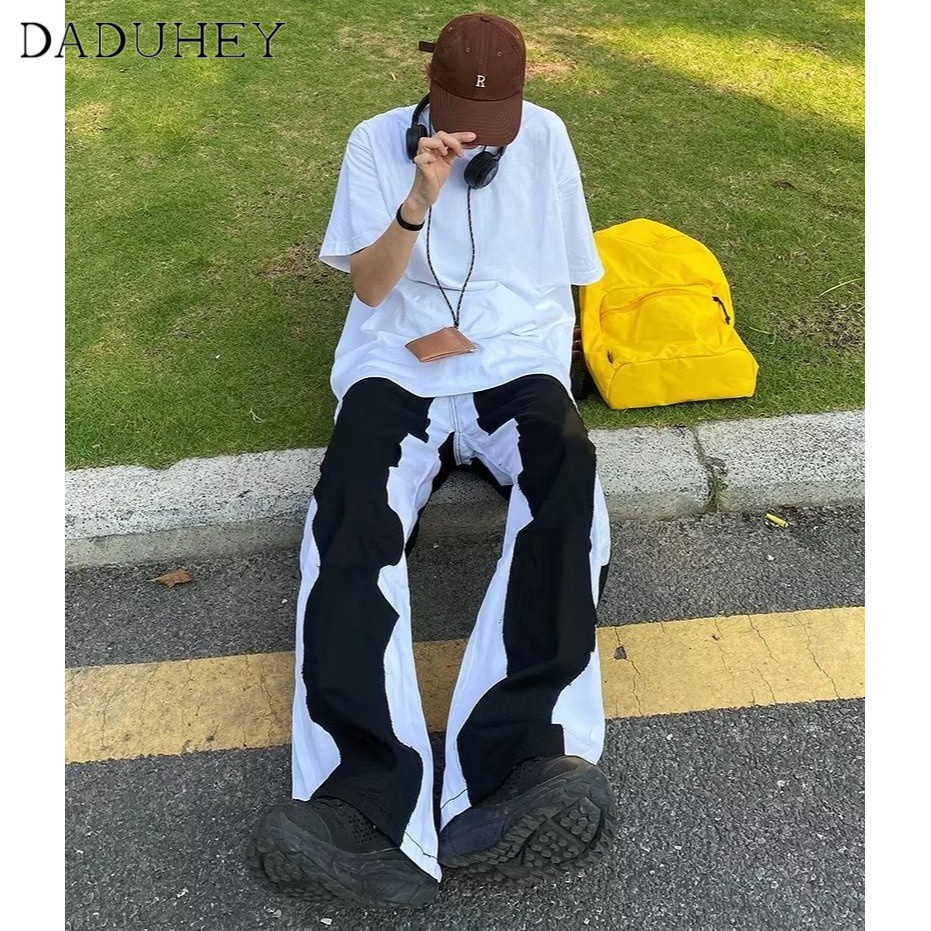 DaDuHey Men's Summer New Patchwork Jeans Trendy Fashion Straight Loose Wide Leg Pants