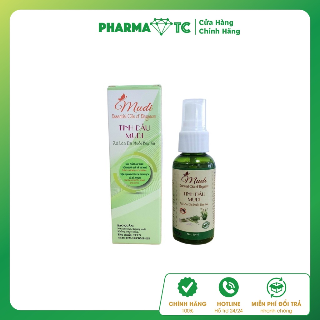 Tinh dầu Mudi, xịt đuổi muỗi, mùi thơm, khử khuẩn với tinh dầu thiên nhiên - Lọ 50 ml - PharmaOTC